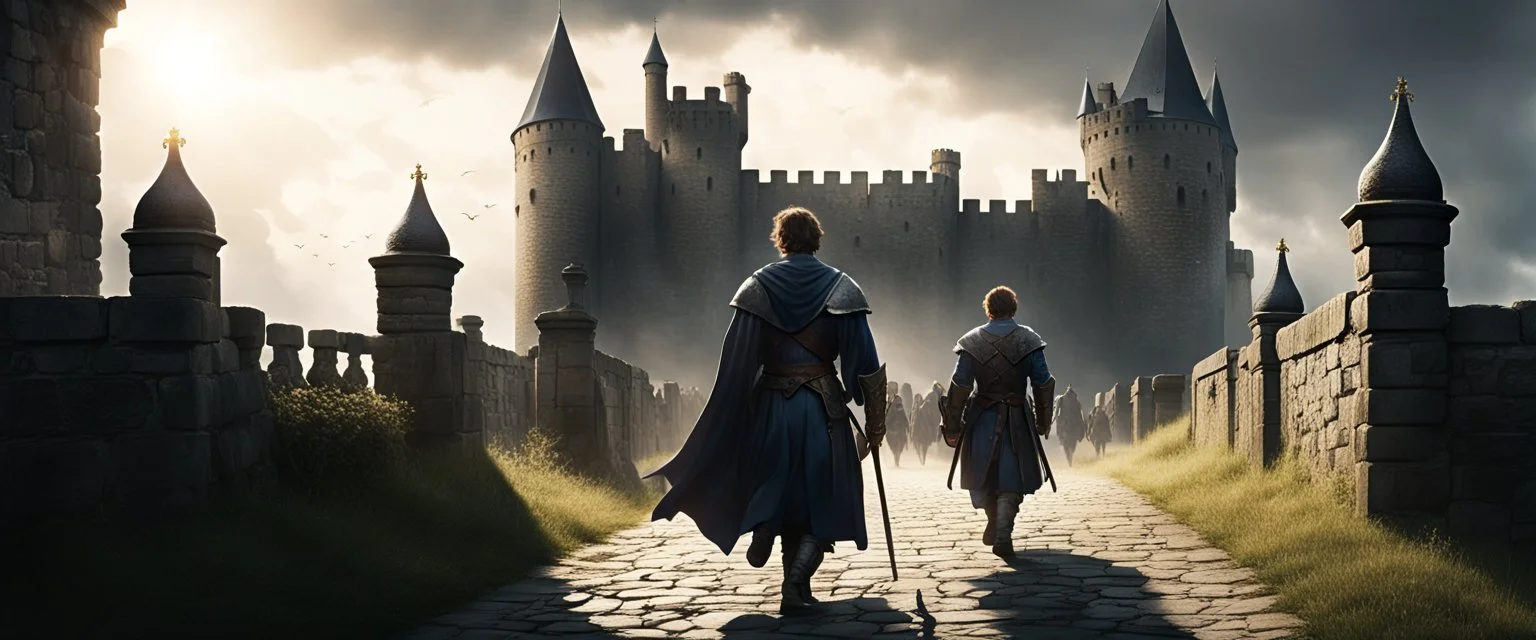 Peter walking toward the castle gates with loyal allies, Flagg’s influence fading, sunlight breaking through clouds — a sense of justice and peace.