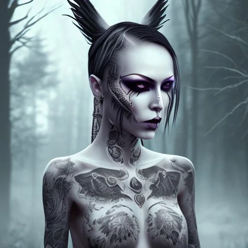 gothic makeup, female monk, dark forest, shaved head, raven tattoo, full-body