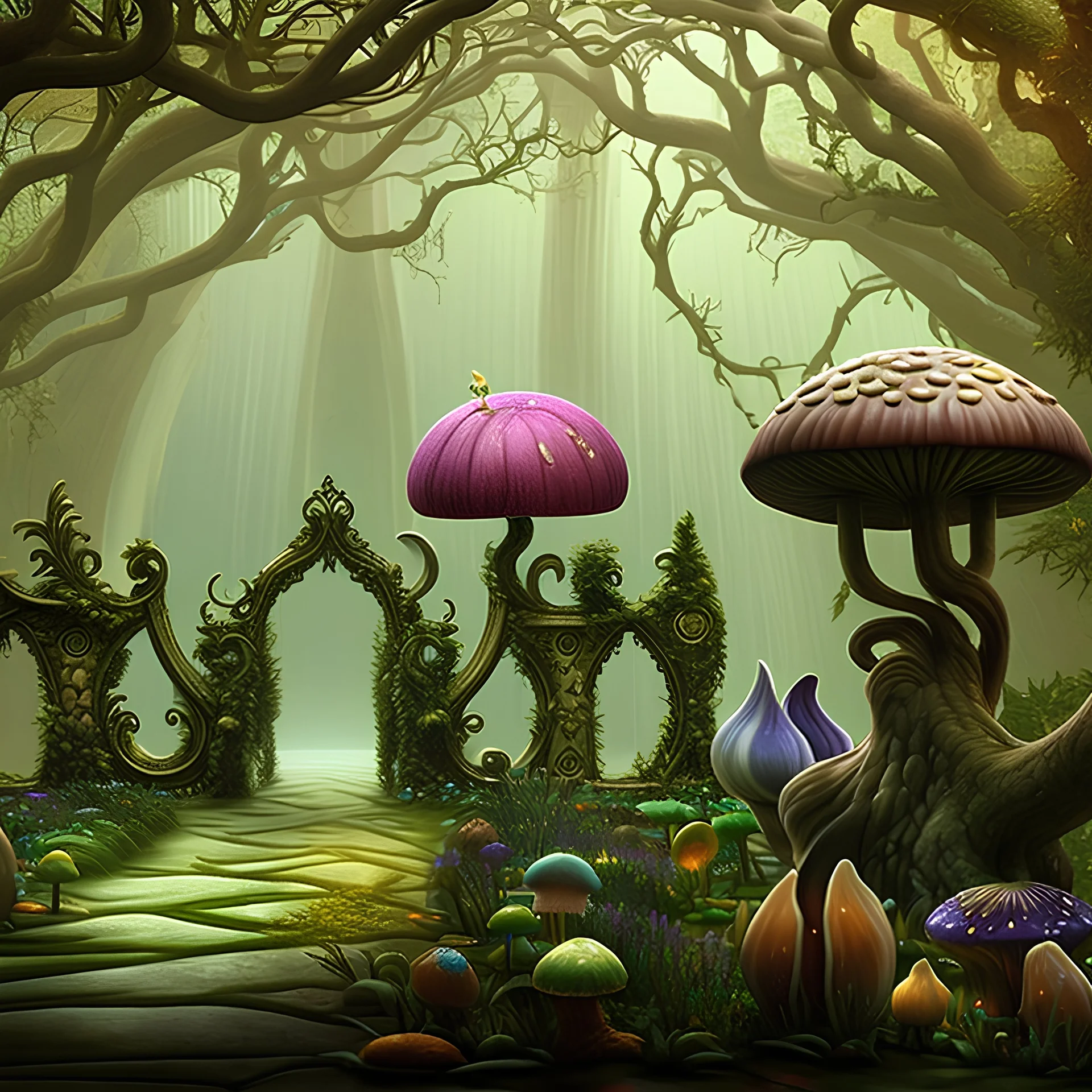 surreal Create a magical garden with enchanted glicine, edera, muschio, creatures,fantasy, India, Scozia, Fate, draghi, castle,moss, perle,Venezia, stelle, scintille,pioppini, scoiattoli, lucciole,funghi, 3D, raggi divini,nitidezza, ultra qualiltà, perfezione. foresta