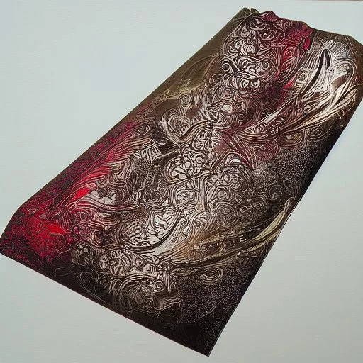 fantasy, digital art, scroll holder, metallic, dark metal, ruby encrustations, massive, engravings