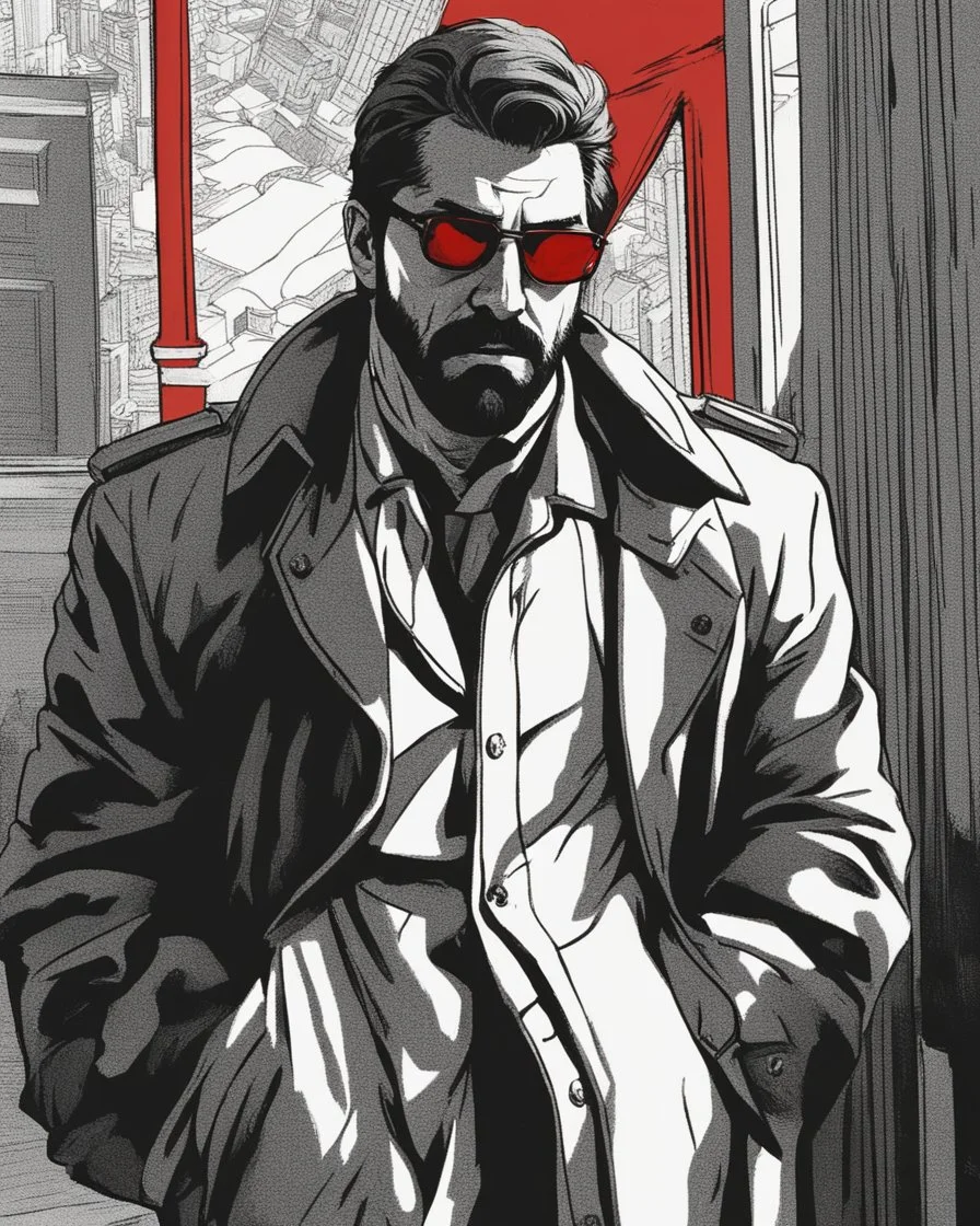 a young man with big muscles who looks like hans gruber wearing a heavy coat and red sunglasses staring with an irritated look on his face