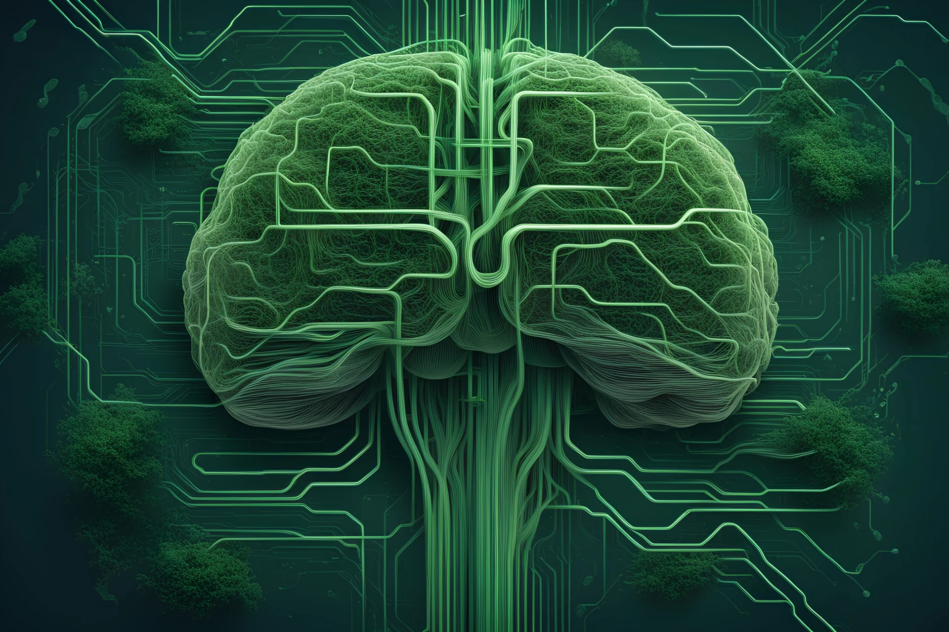 circuitry intertwined with green foliage, brain-shaped nodes interconnected with geometric lines, generating AI insights