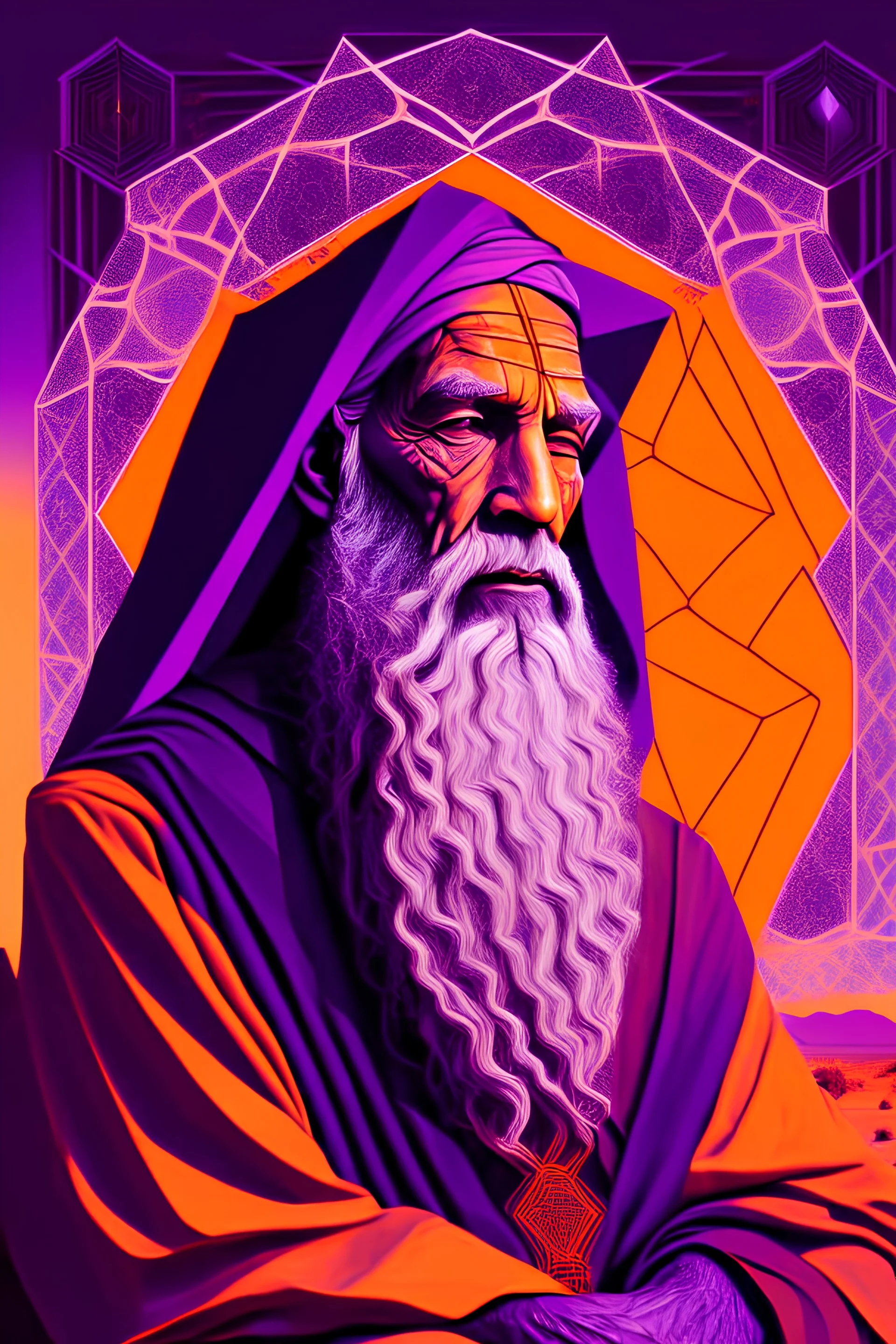 Portrait of Moses the patriarch in a zen mood the desert fantasy with sacred geometry in purple and orange tons