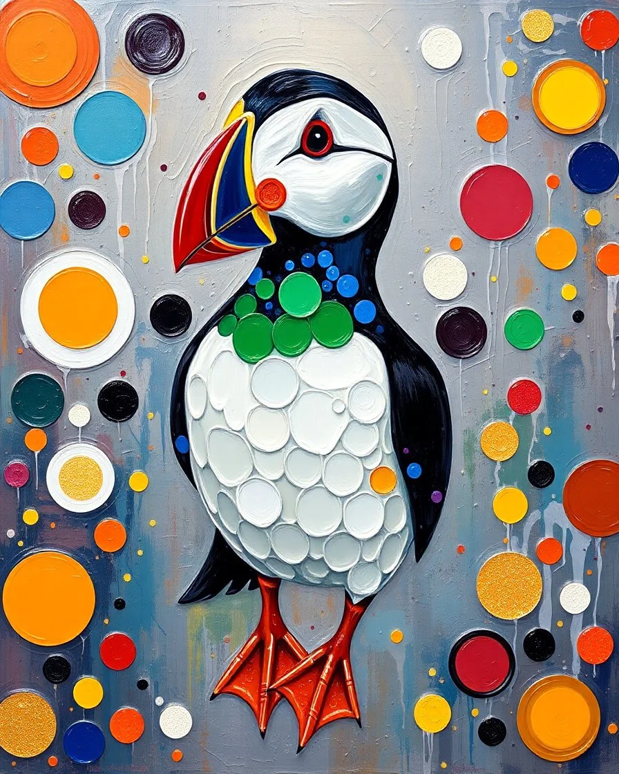 A colorful puffin in the style of Yayoi Kusama, surrounded by circles and dots, with an abstract background. The puffin is depicted as if it were painted using oil paints on canvas, giving it a three-dimensional appearance. It has vibrant colors like blue, red, yellow, green, orange, purple, white, black, brown, silver, and gold. It has intricate patterns that give depth to its form.