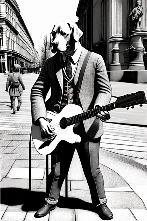 One single mature labrador, historic clothes, playing guitar in the street , Vienna, friendly, model style, hyper realistic, extremely accurate, delicate, extremely detailed, Graphic novel style, wide-angle, open aperture, superfine pencil