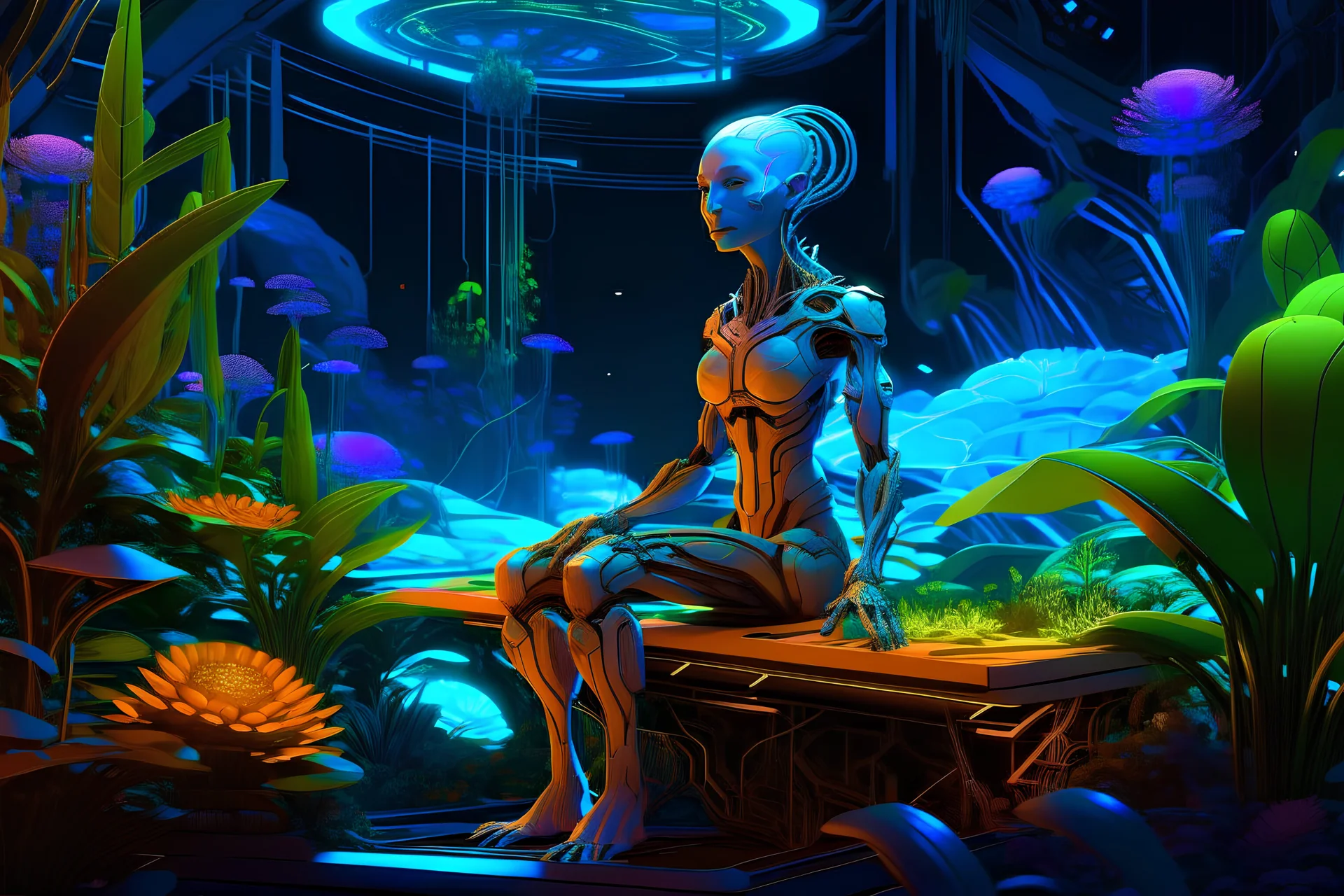 female Humanoid made of vibrant, bioluminescent plant material. tending her garden on a spaceship Communicates through shifts in color and texture.