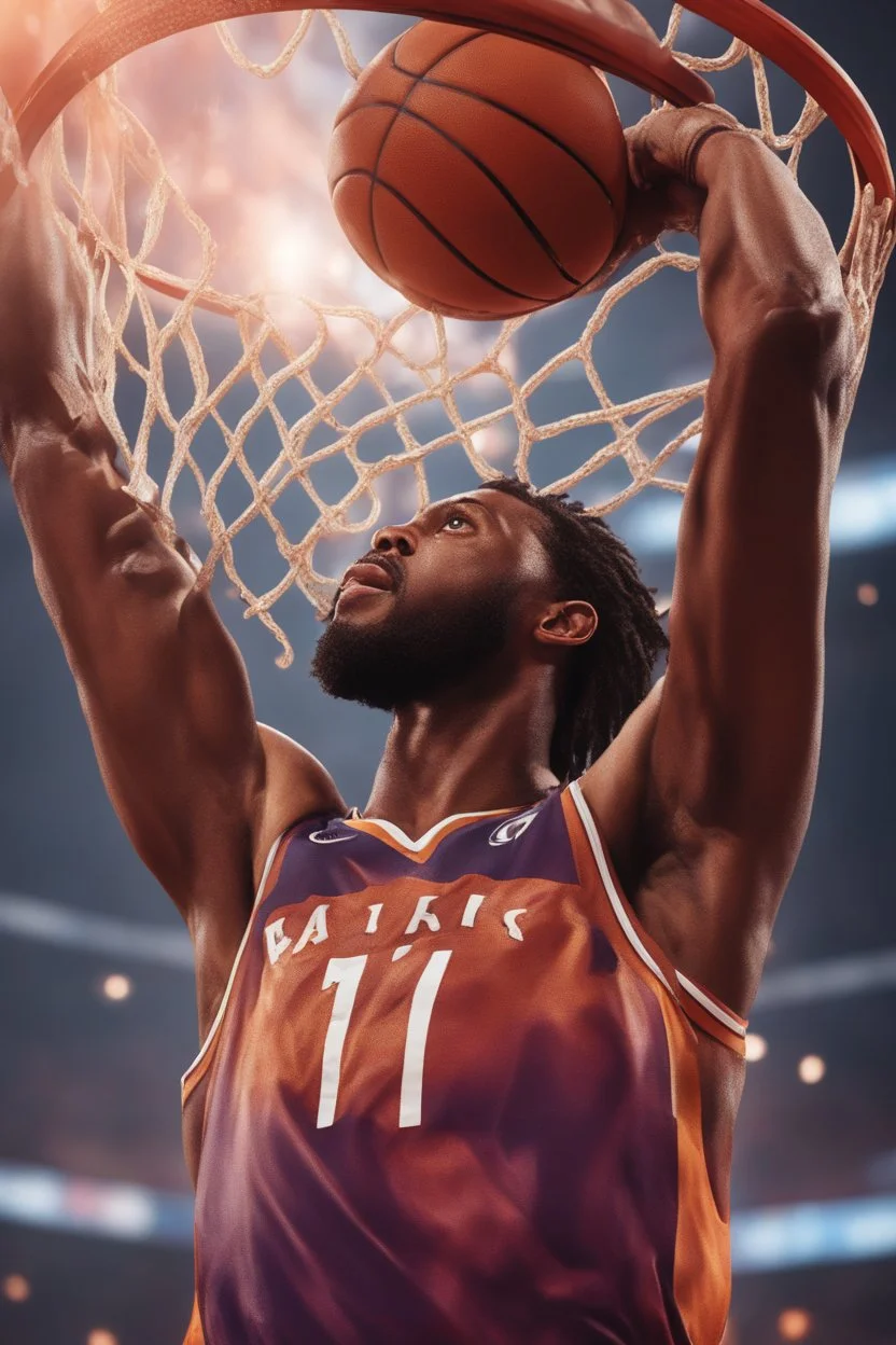 8k, highly realistic and detailed image of a NBA basketball player in action dunking the ball in the net, sweaty hair, screaming look,action and smoke and flames background