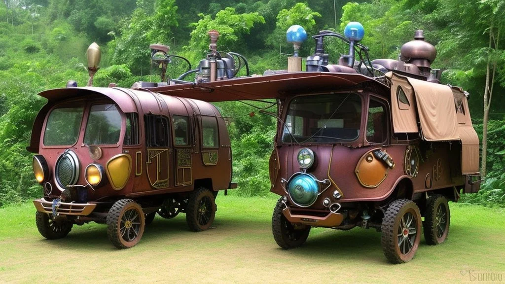 steampunk gipsy caravan crossed with a boat flying high over a jungle with platforms, verandas, and people, intricate