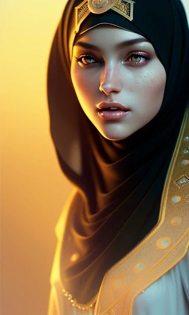 Arab princess , cute, beautiful , black eyes ، hijab, head and shoulders portrait, cinematic, 8k, resolution concept art portrait by Greg Rutkowski, Artgerm, WLOP, Alphonse Mucha dynamic lighting hyperdetailed intricately detailed