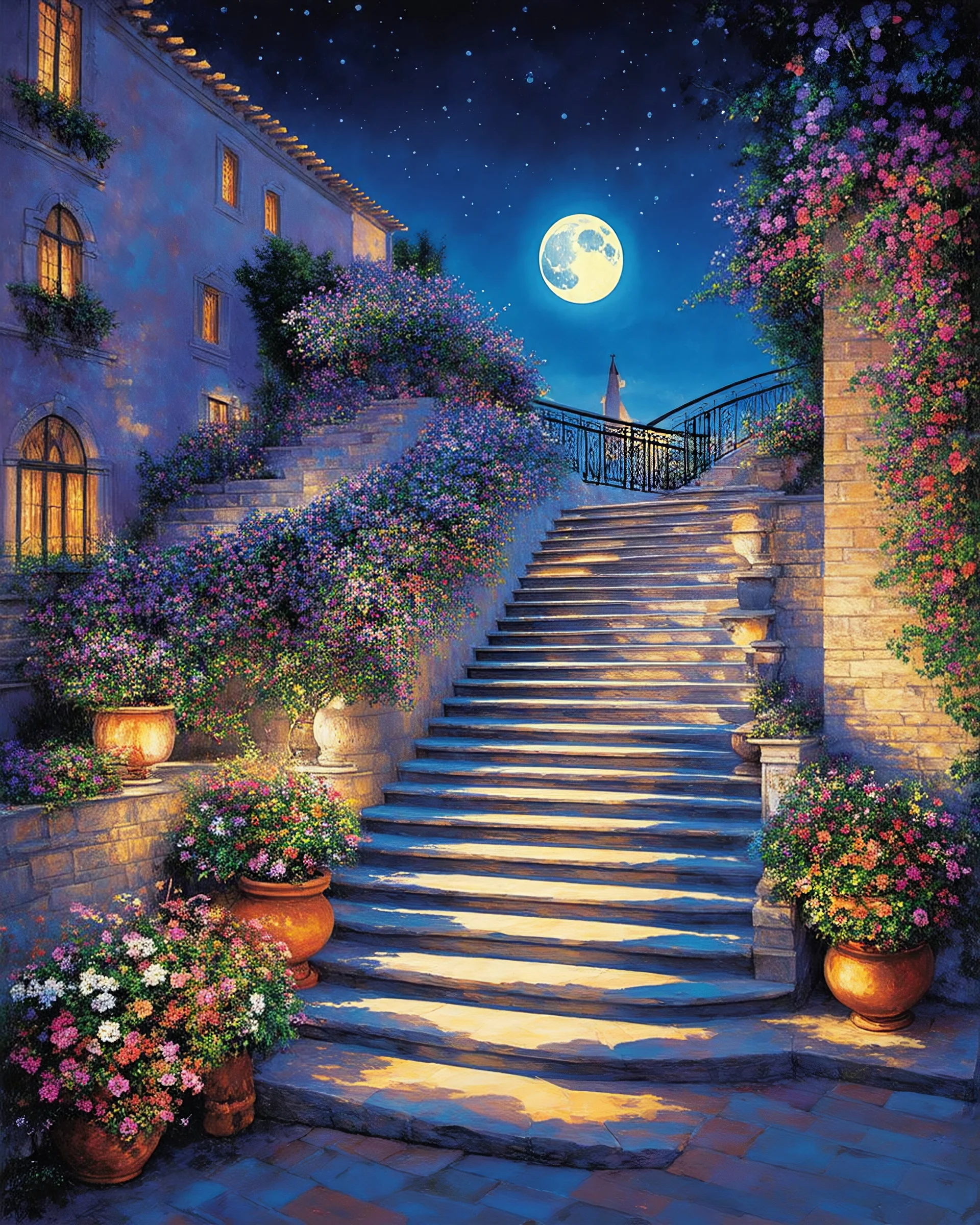 Moonlit Castle Patio with FlowerAdorned Sweeping Staircase. Art by Picasso