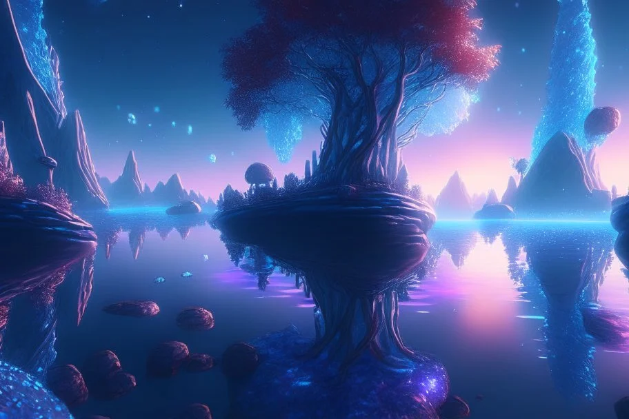 blue and gold crystal cosmic and galactic ambiance sky trees river lake surreal, full of details, smooth, bright sunshine，soft light atmosphere, light effect，vaporwave colorful, concept art, smooth, extremely sharp detail, finely tuned detail, ultra high definition, 8 k, unreal engine 5, ultra sharp focus