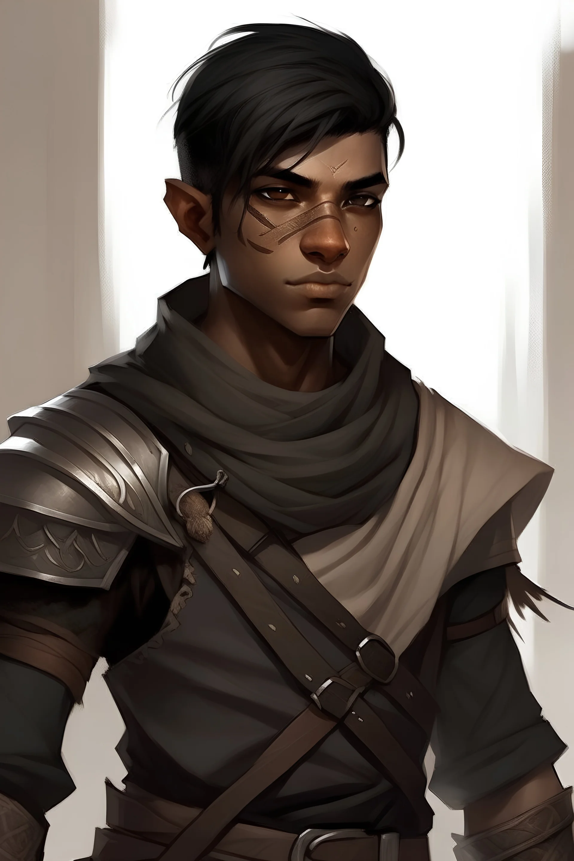DND young male human rogue assassin, from east desert kalimshan, tanned skin, very short black hair, scars on face