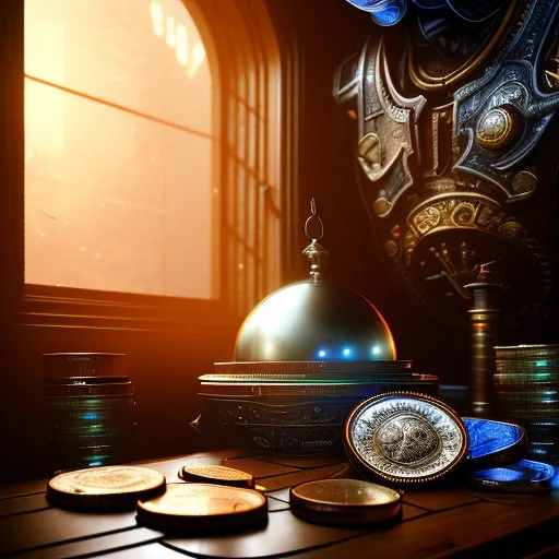 dynamic lighting, Intricately detailed, Splash screen art, deep color, Unreal Engine, volumetric lighting, silver coins, pile of coins, pirate treasure,