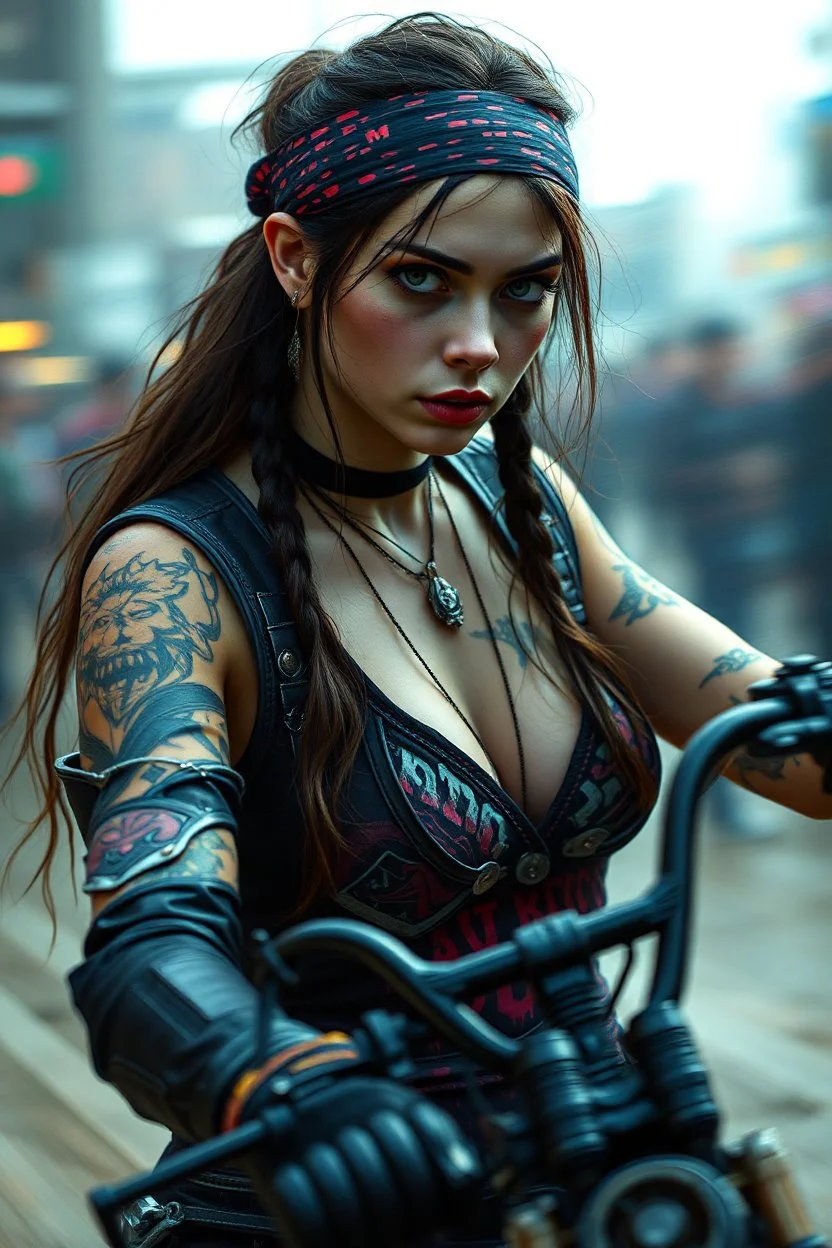 motion blur cyberpunk young biker Jennifer Connelly gypsy vampire with head band mods painted by Rembrandt and Titian and Giger