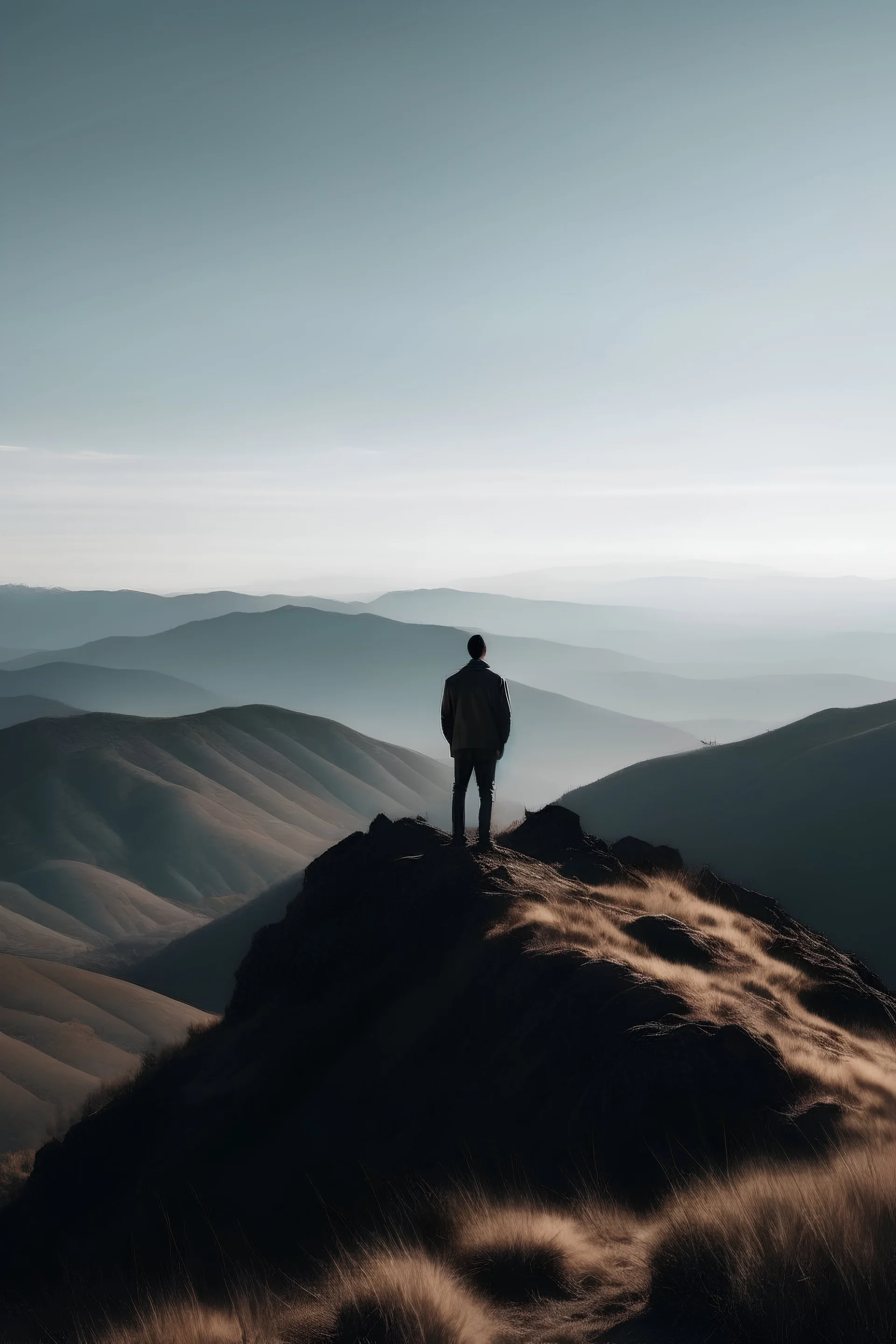 A man standing in the distance on top of a mountain looking out in the distance