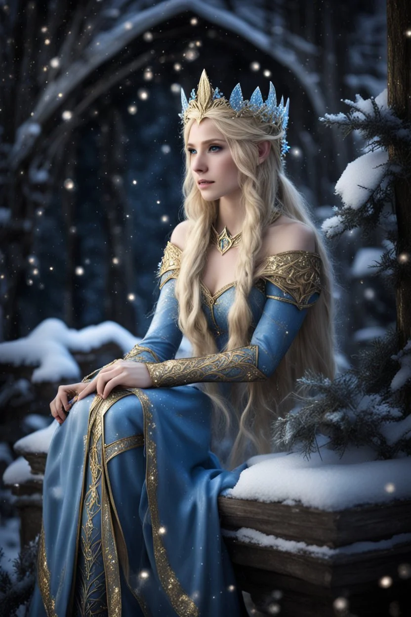 Elven princess,elven crown,long blonde golden hair,rapunzel hair,ice flowers,beautiful,light blue,dark blue,golden armor,sparkle,glitter,ice flowers,snow,elven ears,dark fairy princess