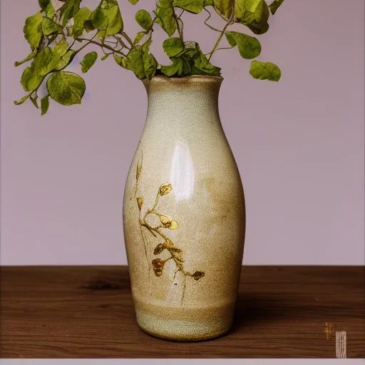 photo of a cracked ceramic vase repaired with gold, kintsugi, beautiful, vines and leaves, rosebuds, cinematic, high detail,