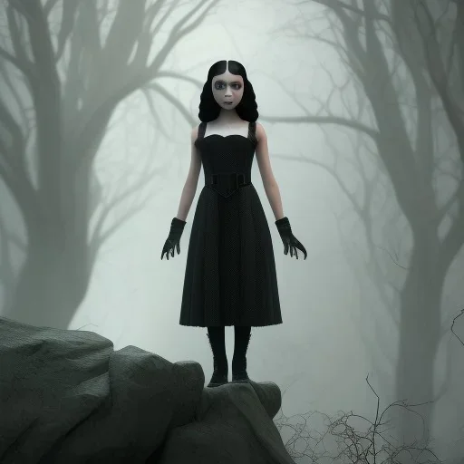 Jenna ortega black dress,soft goth libstick, wednesday addams family make up, long hair, brad double wig, addams family style, highly detailed, volumetric lighting, unreal engine, 8k