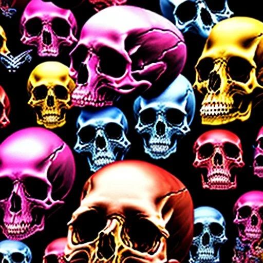 a picture of a dark, comedic, anatomically correct wall of colorful skulls of varying sizes and expressions, photo realistic, insanely meticulous, highly detailed, part of a collection of bones on display, 64k, dystopian, vray