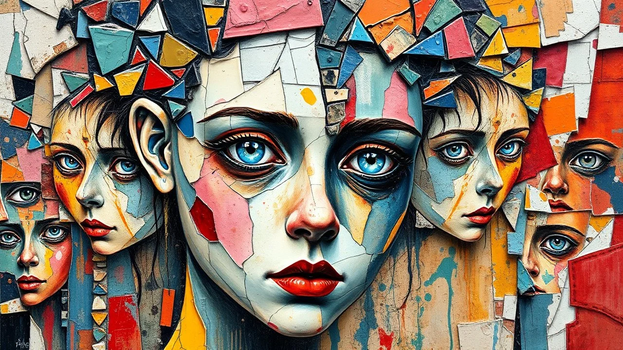 A unique celebration of color and watercolor paint brush detail, featuring a girl chaotic head An oil painting of broken ceramic pieces in with a ceramic Polish portuguese with an abstract checkered brush with zig-zag outlines impasto style with thick, textured brushstrokes. effect anomalous mystical horror fortal eerie background stack of mirrors millions tilted towards a collage of terrifying pixelated faces Holes with the face of the eyes slayer blue string panel paint thinner color roug