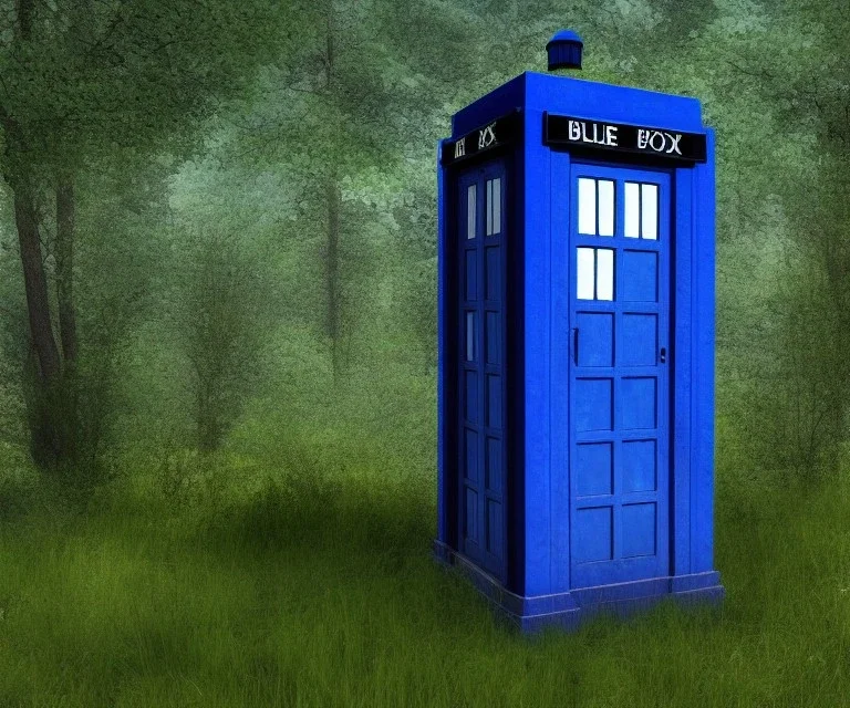 Blue police box in the wilderness, photo realistic