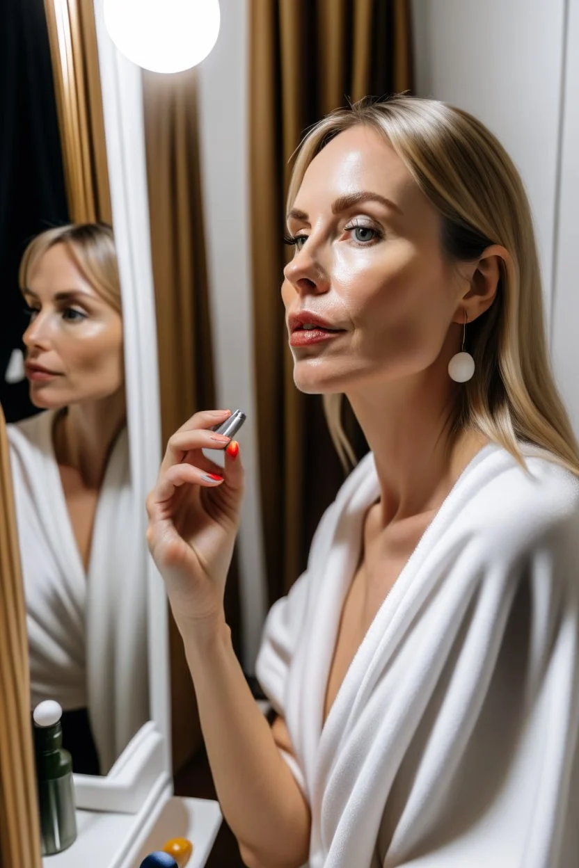 make a picture of a white woman in her thirties that uses her facial cleanser to remove her make up. she stands in front of her mirror in her bathroom
