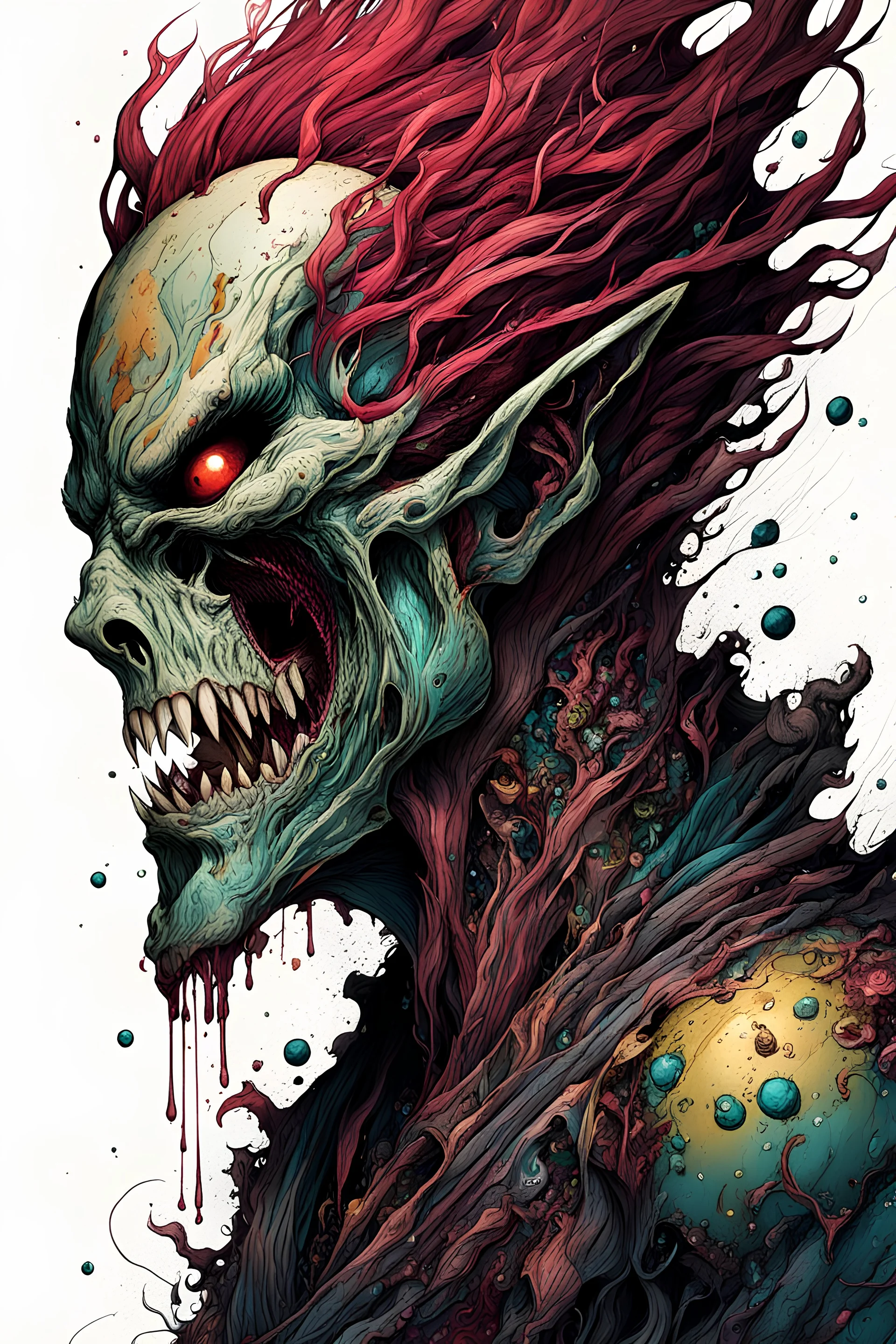 highly detailed full color, concept illustration of an ancient shape shifting anti heroine character , maximalist, sharp focus, highest resolution, in the styles of Alex Pardee, Denis Forkas , and Masahiro Ito, boldly inked, 8k, coarse, gritty textures