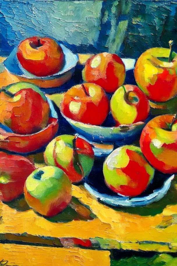Abstract impasto oil painting of an apples on a table cezanne