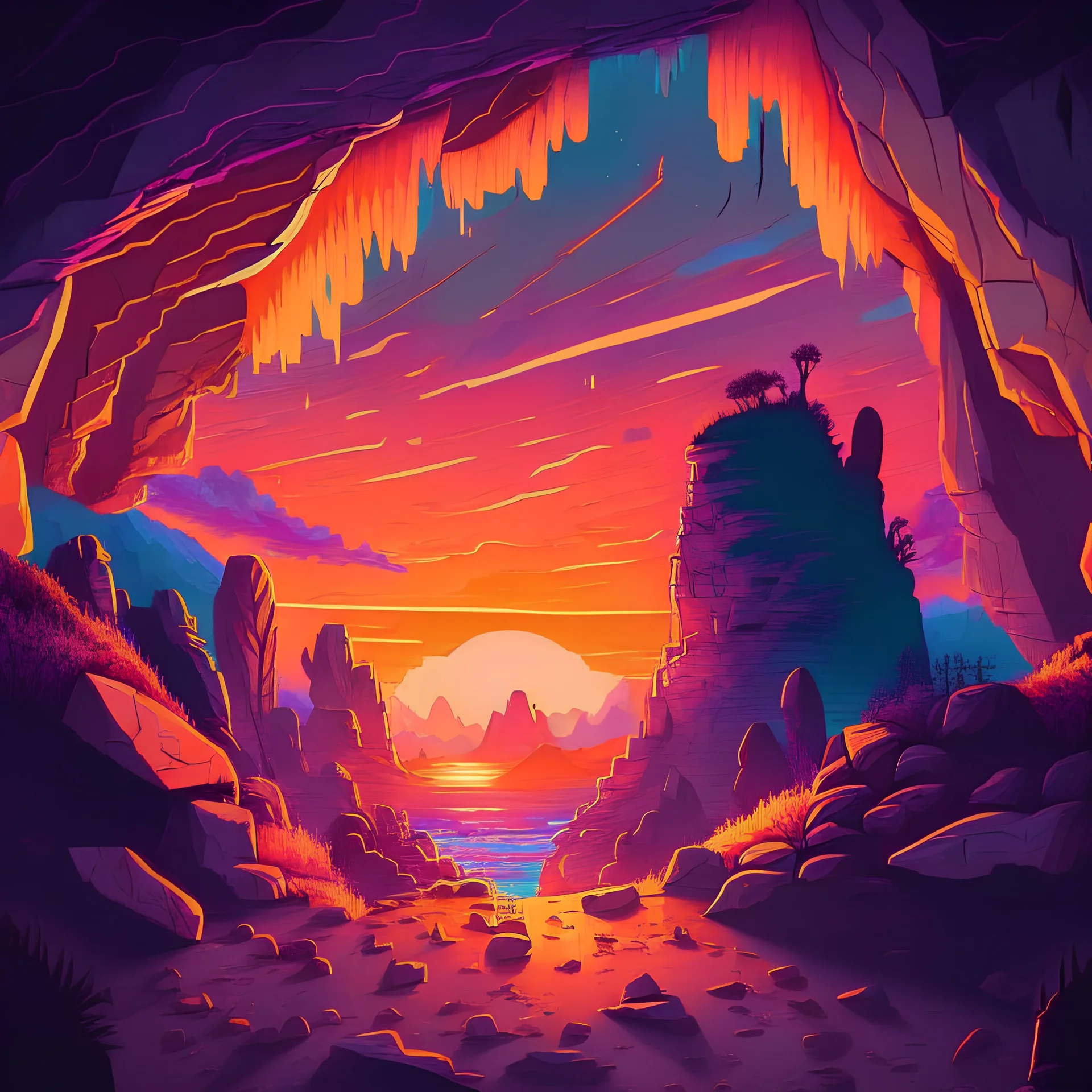 a rocky cavern exit revealing a beautiful sunset over eden with vibrant colours illustration