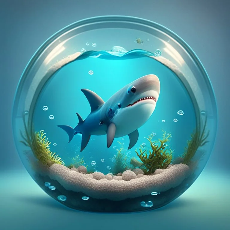 A cute little Shark in a small circular fish tank.