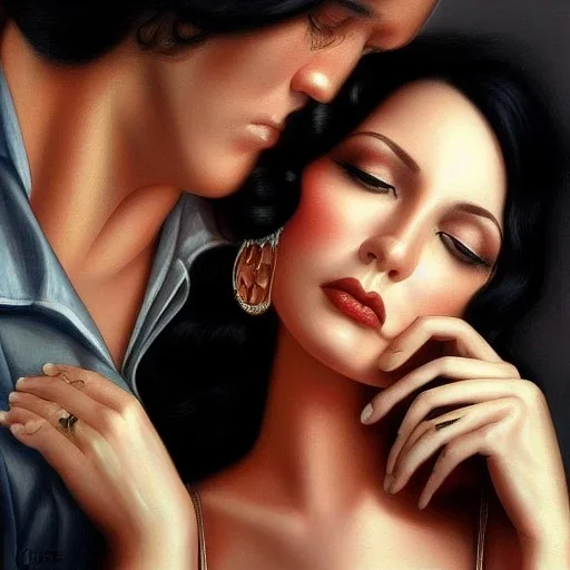 Sad beautiful lady ,handsome man, park, realistic, intricate, insanely detailed, guitar, tears, Catherine Abel style