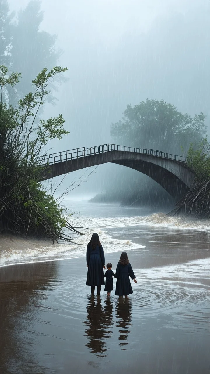 By Sergiо. Style by Greg Rudkowski. Thick white milky dense fog on a deserted beach with lonely bushes.flooded raged water . 2 women and a child In the stormy wether in the water a bridge is falling in the river Bruegel painting style, fine line draw
