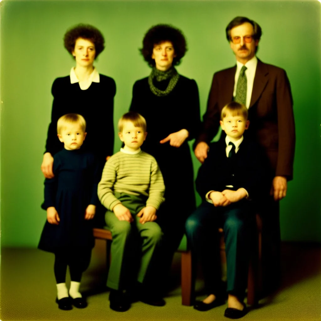 awkward family photo, all wearing the same type of clothes, 1980s, polaroid colors, scratches and dust on photo, kandinsky