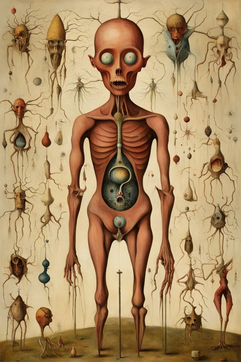 The human body is an entropy device, anatomical making order out of chaos, metaphorical body compartmentalization, surrealism, by Hieronymus Bosch, by Alexander Jansson, by Erik Thor Sandberg, dark colors, weird-core, art from beyond.