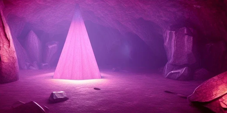 single pink crystal, on an altar in a foggy cave, cinematic,