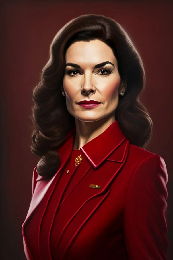 realistic Portrait of a woman in red power suit and dark brown hair. she looks like a mayor
