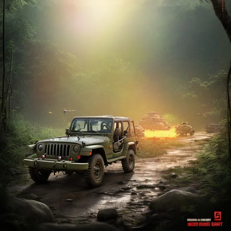 vietnam war. war report. jeep in jungle. poster. bokeh. lens flare. warm lights. high detailed