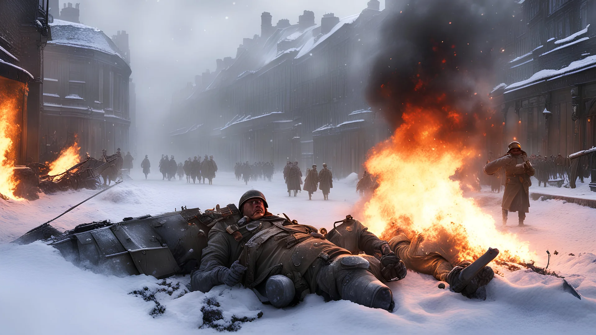 British soldier WORLD WAR ONE, CORPSE BESIDE HIS ARTILLERY, BURNING, BLOOD in a snowy london street 1898, the snow, alien creature feeds on his corpse, , SNOW ON THE GROUND, BURNING DEBRI LIES ALL AROUND, PHOTO REALISTIC, EPIC, CINEMATIC