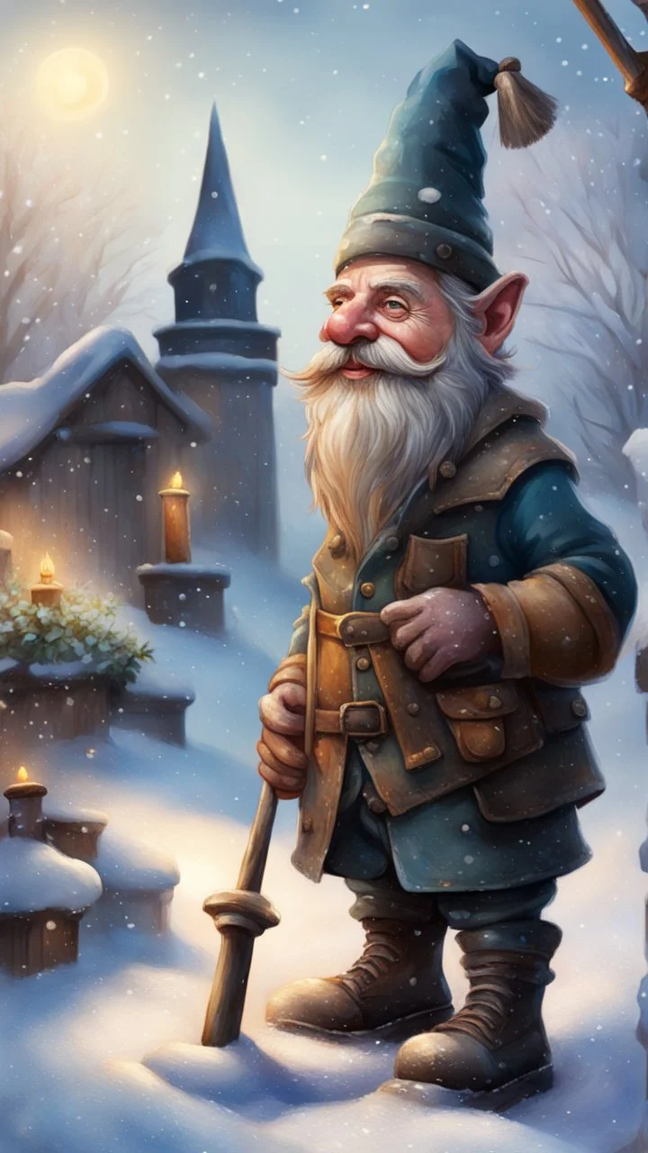 postcard portrait of bard post man gnome with old boots, sledge hammer and chissel in the snow garden holding a tower fortification, magazine cover illustration with oil paint and spray paint, signed, bokeh like, down-light, unreal engine, prize winning