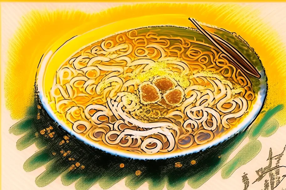 chinese curly soup, watercolor and ink, in sunshine, golden glitters