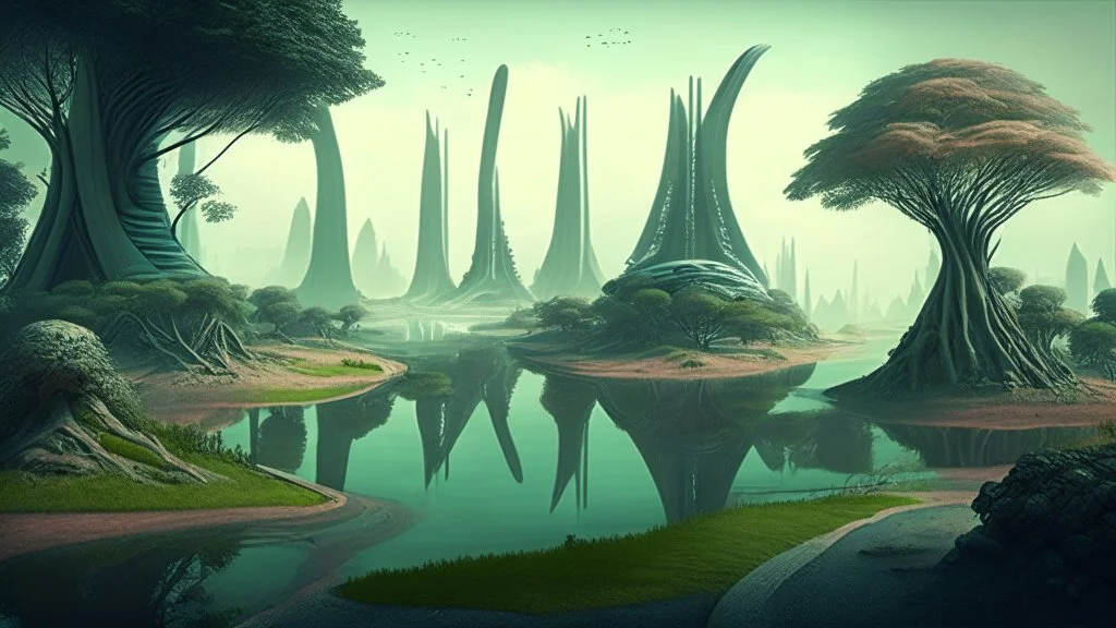 alien landscape with trees, buildings, pathways, river