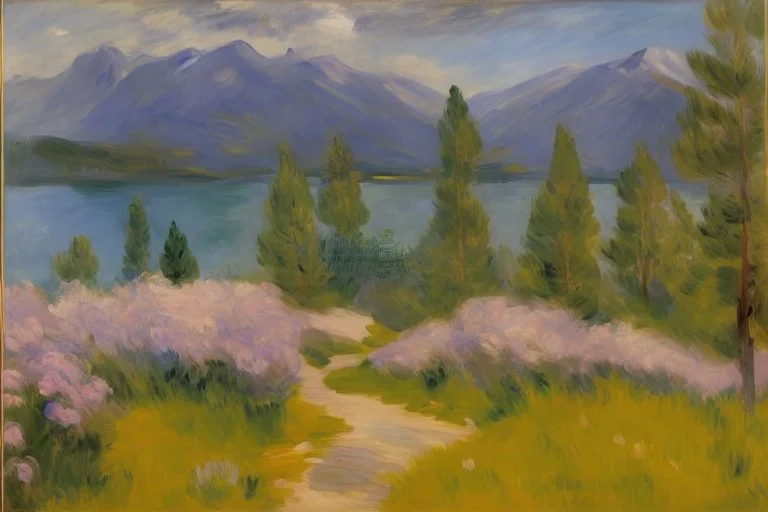 Mountains, lake, flowers, pathway, pine trees, clouds, edouard manet impressionism painting