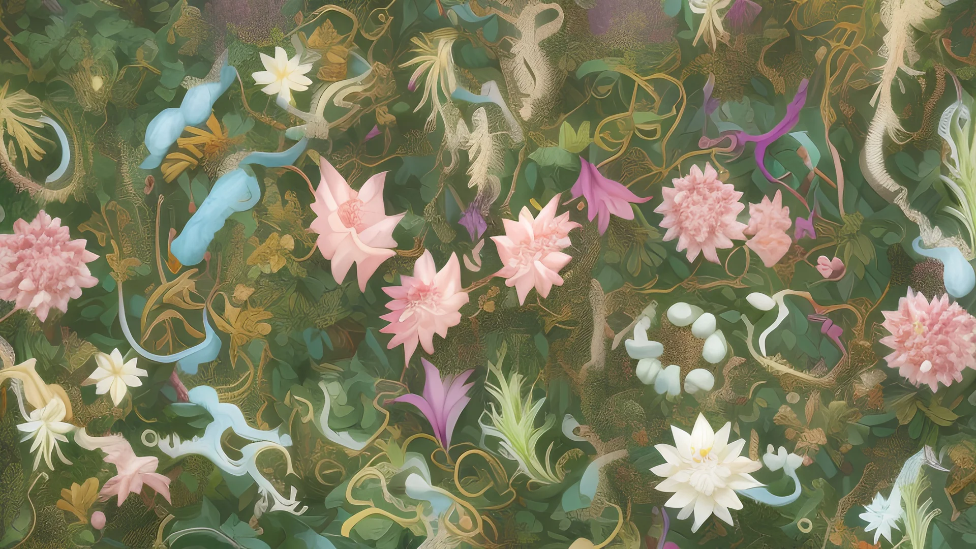 Floral composition of Jade Vine, ghost orchid, Lotus, Camellia japonica, Banksia, Dicentra Formosa, assorted leaves, and butterflies on a deep dark background