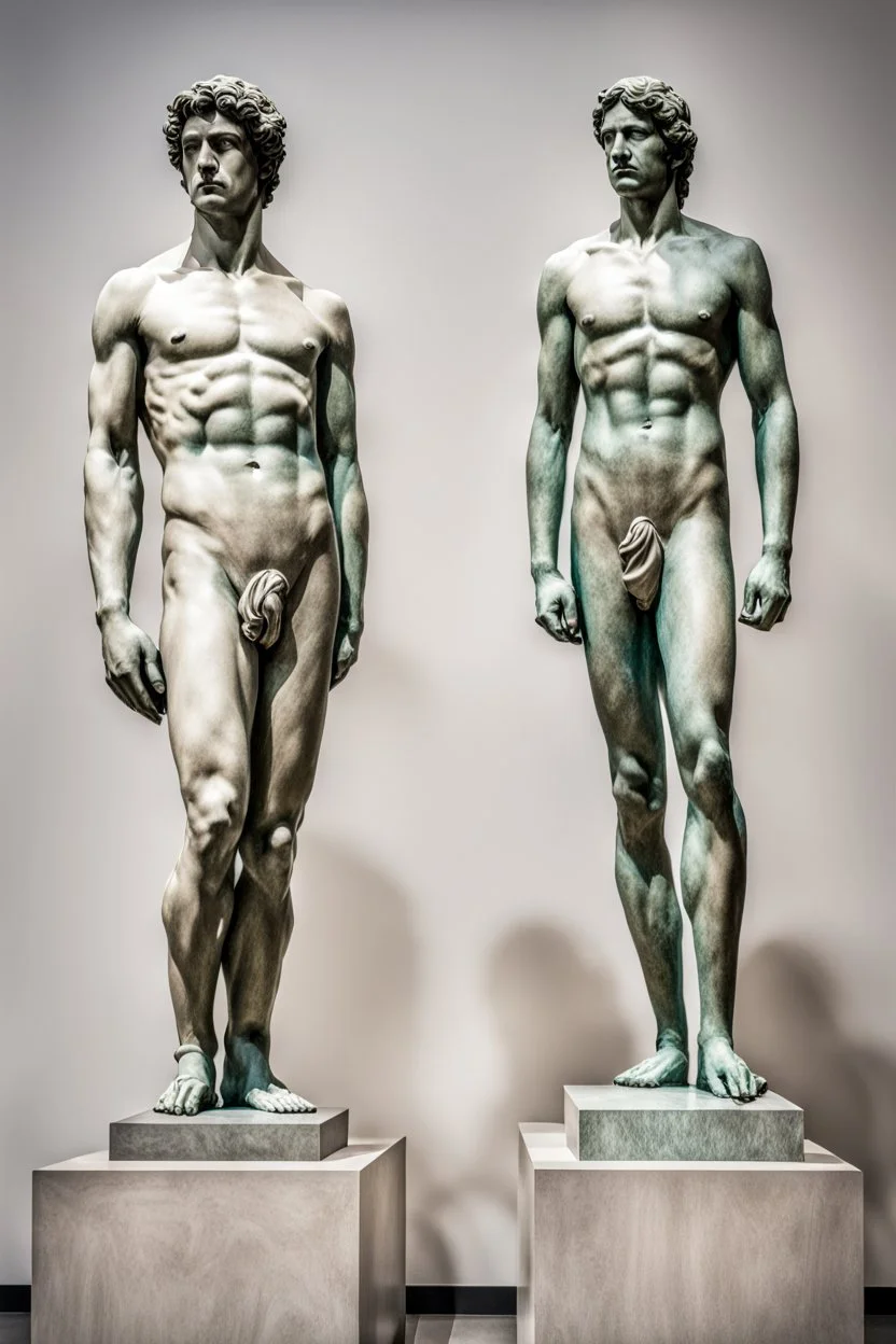 in a modern art display, two famous statues are next to each other, one is David and the other is the Discobulus statue. The discobulus hand covers the private part of David, they both look disgusted at each other