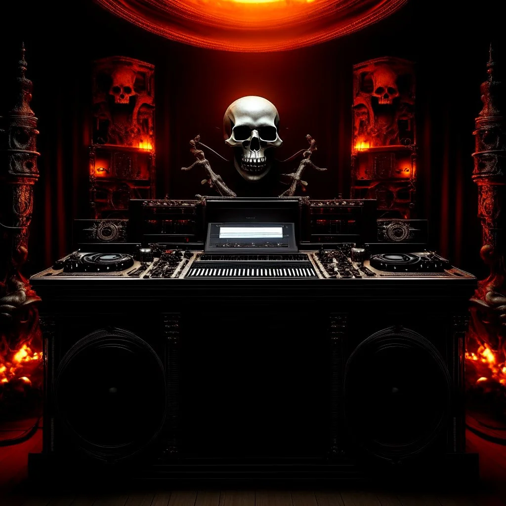 DJ of the damnded, insanely detailed DJ booth in hell, MID set, speakers and equipment made of bone, anatomically correct, add more skulls in th audience, photorealism, vray, 8k 3d