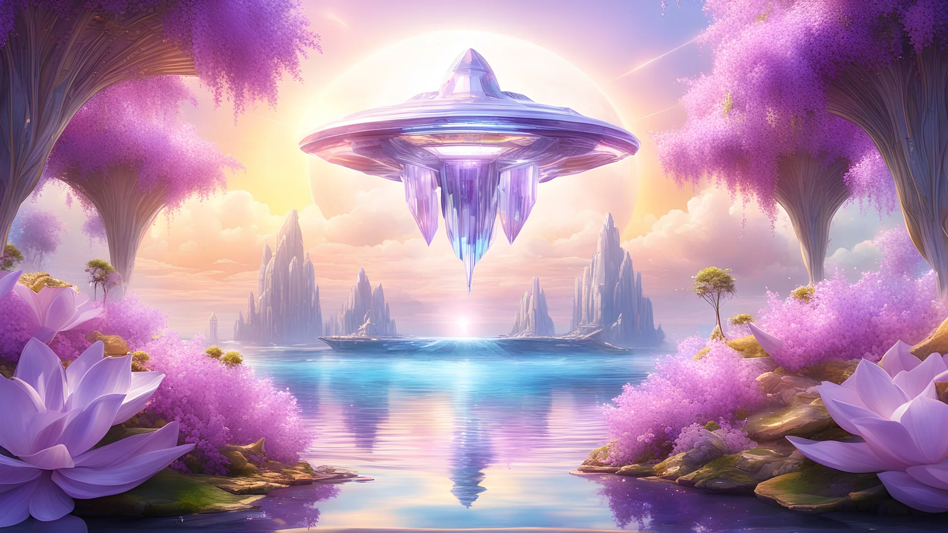 Photorealistic image (Masterpiece ) Crystal Hyperborea white Starship Futuristic floating in the air, Spiritual world of crystals and gold, iridescent color, precious stones crystal gold,Temple crysta beautiful lilac wisteria and pink lotus flowers , landscape of summer ambient beautiful sea, light soft sun, full of details, smooth, bright sunshine, soft light atmosphere, light effect, vaporwave colorful, concepte art, highly detailed, digital painting, smooth, sharp focus, extremely sharp detai