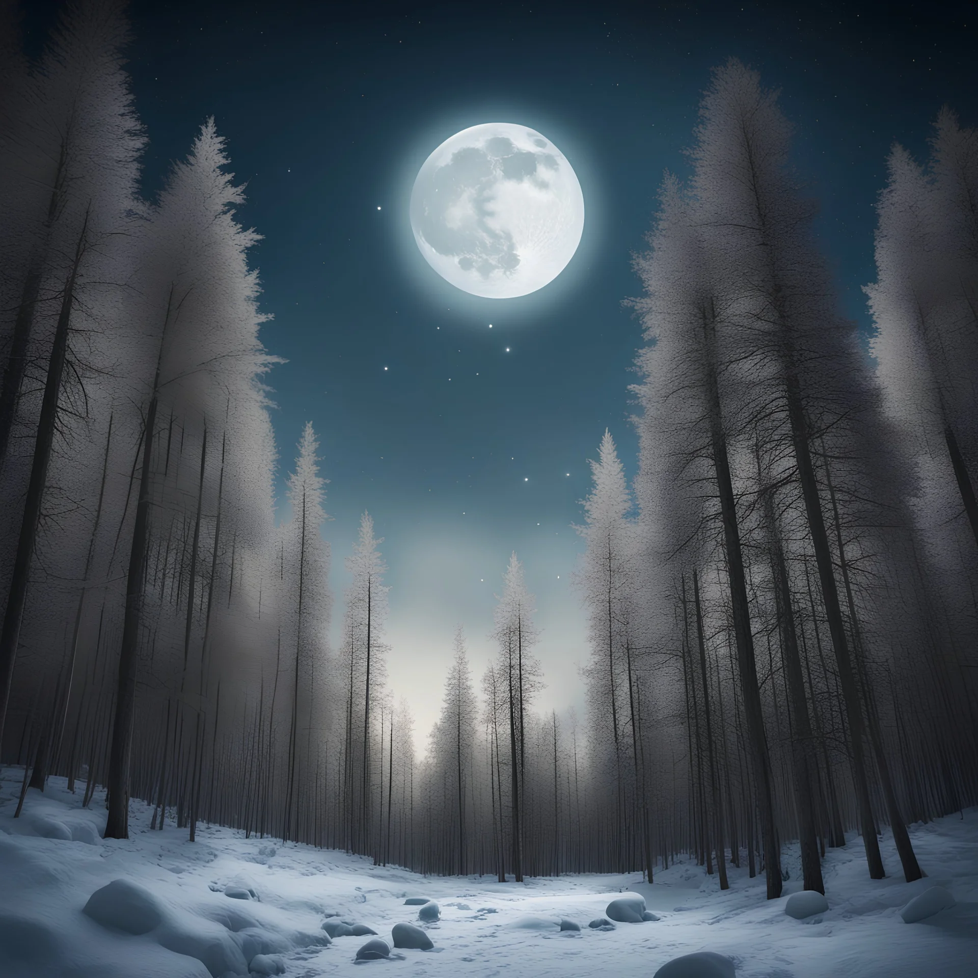 Image of a forest, in a polar climate, under a bright moon and stars.