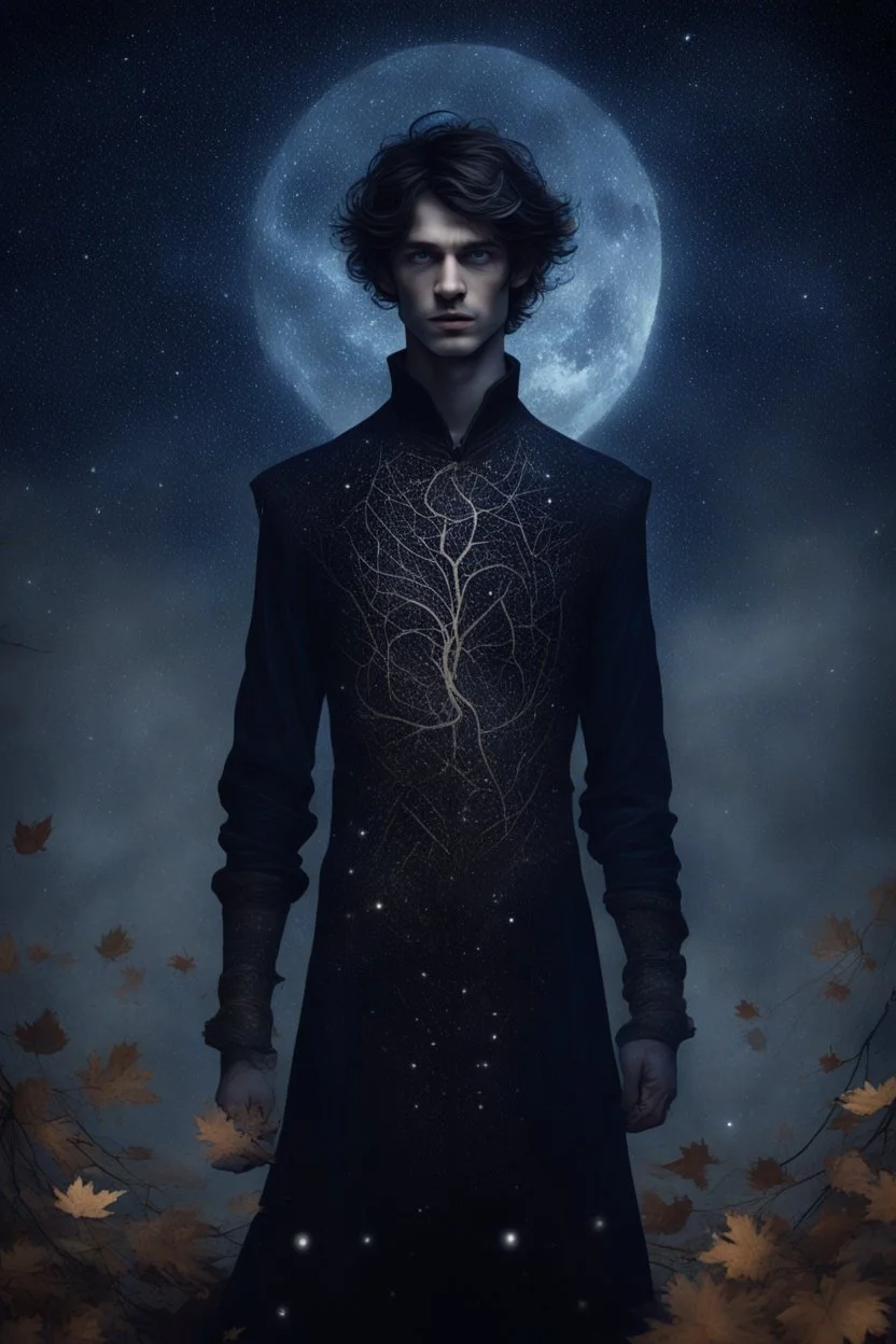 сын полуночницы выглядит как тень, сотканная из звездной пыли и опавших листьев. В его глазах – глубина ночного неба, хранящая секреты ушедших эпох. Кожа его тонка, словно пергамент, и на ней едва заметно проступают линии, напоминающие карту неведомых созвездий. Он носит одежды из темных, струящихся тканей, которые шепчут при каждом движении. Его походка тиха и грациозна, как у дикого зверя, крадущегося в ночи. В его присутствии ощущается некая отстраненность, будто он лишь гость в этом мире,