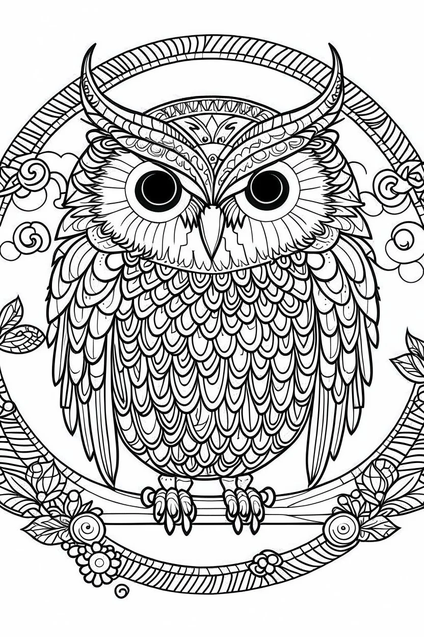 coloring page for kids, Mystical owl in a starlit night sky, cartoon style, thick outline, low details, no shading, no color