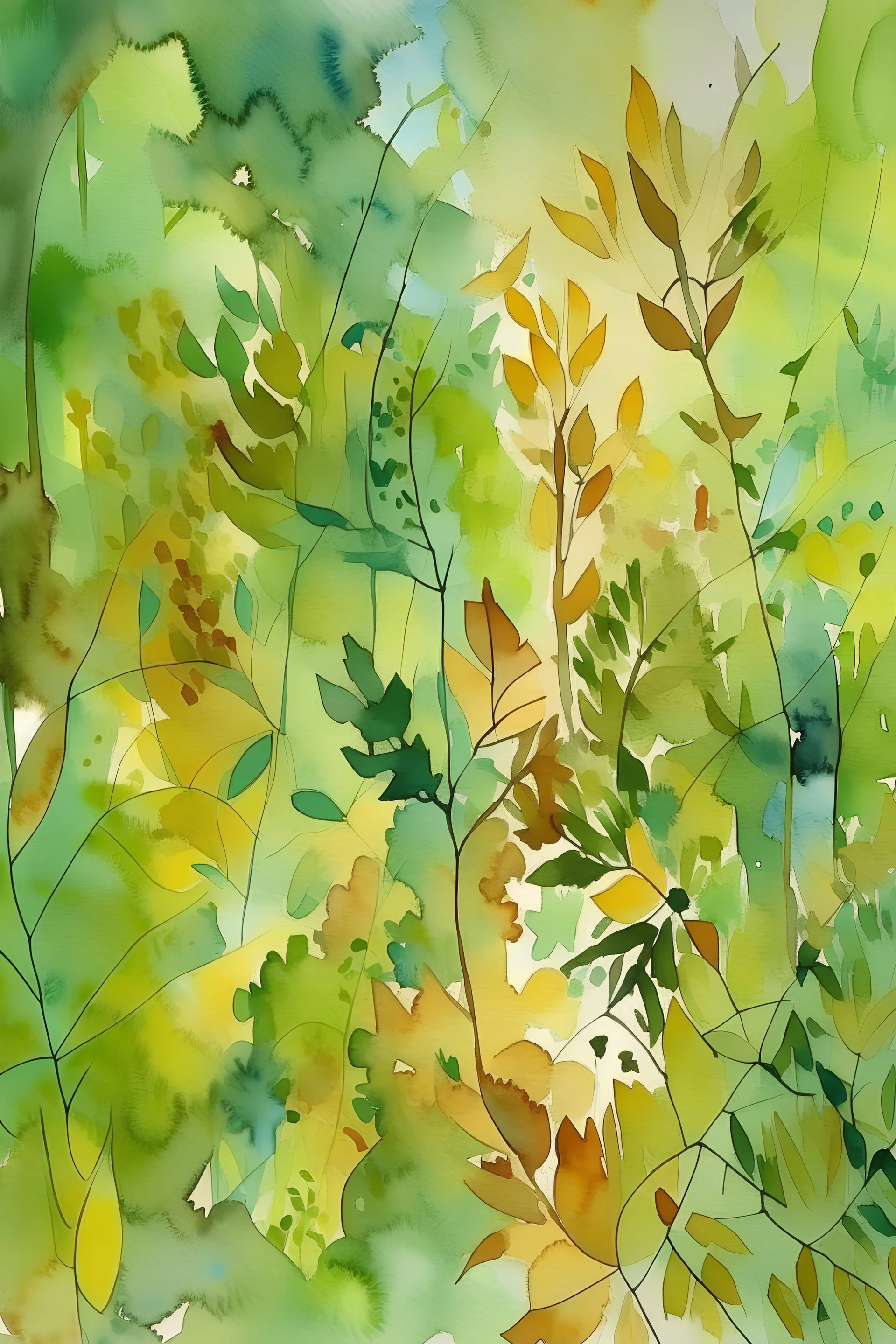 Watercolor, abstract, impressionist, not much detail patterns: Immerse yourself in the tranquility of an abstract forest, where soft greens and browns create a harmonious and meditative coloring experience.